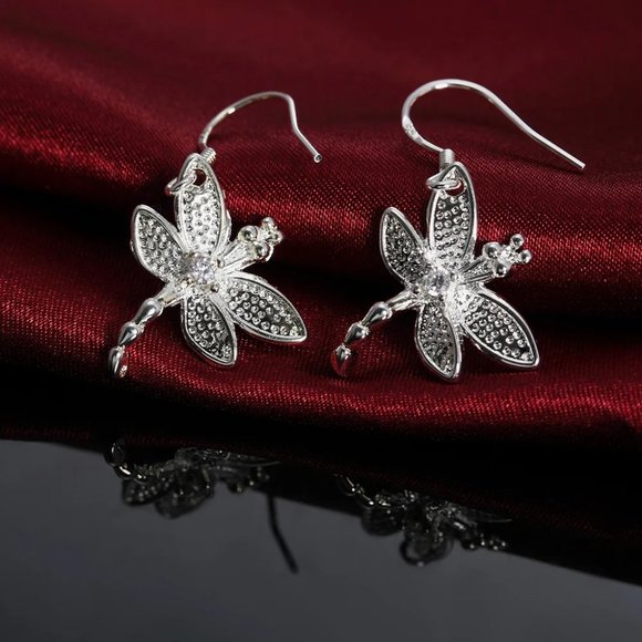 Gorgeous Crystal Dragonfly Hanging Earring's Solid Sterling Silver - Picture 7 of 9